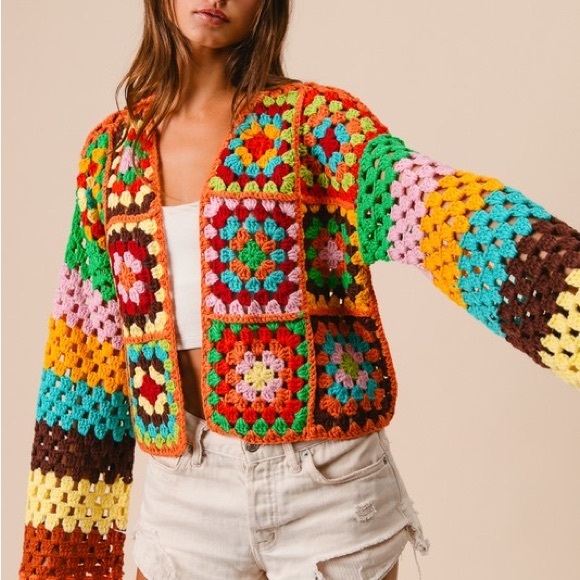 New Color! Bibi Handmade Vibrant Crochet Multicolor Cropped Cardigan Sweater - Picture 7 of 12